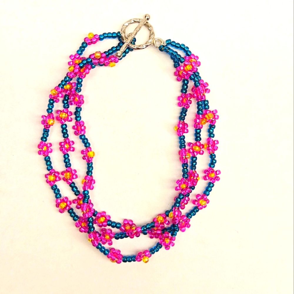 Handmade Triple Strand Seed Beaded Flower Bracelet